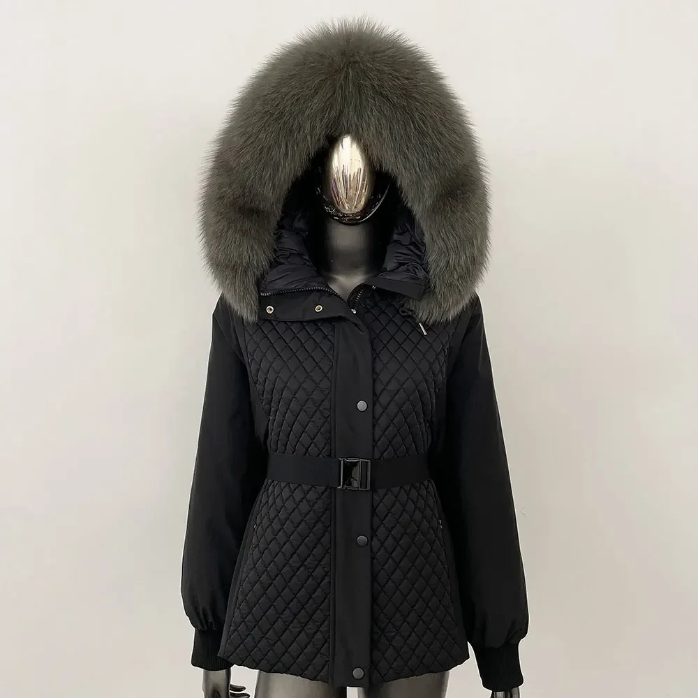 النساء 2025 ريال فوكس الفراء طوق مقنعين سترة منفوخة فضفاضة الشتاء الطبيعي الراكون الفراء سترة سميكة الدافئة ملابس خارجية بطة أسفل معطف