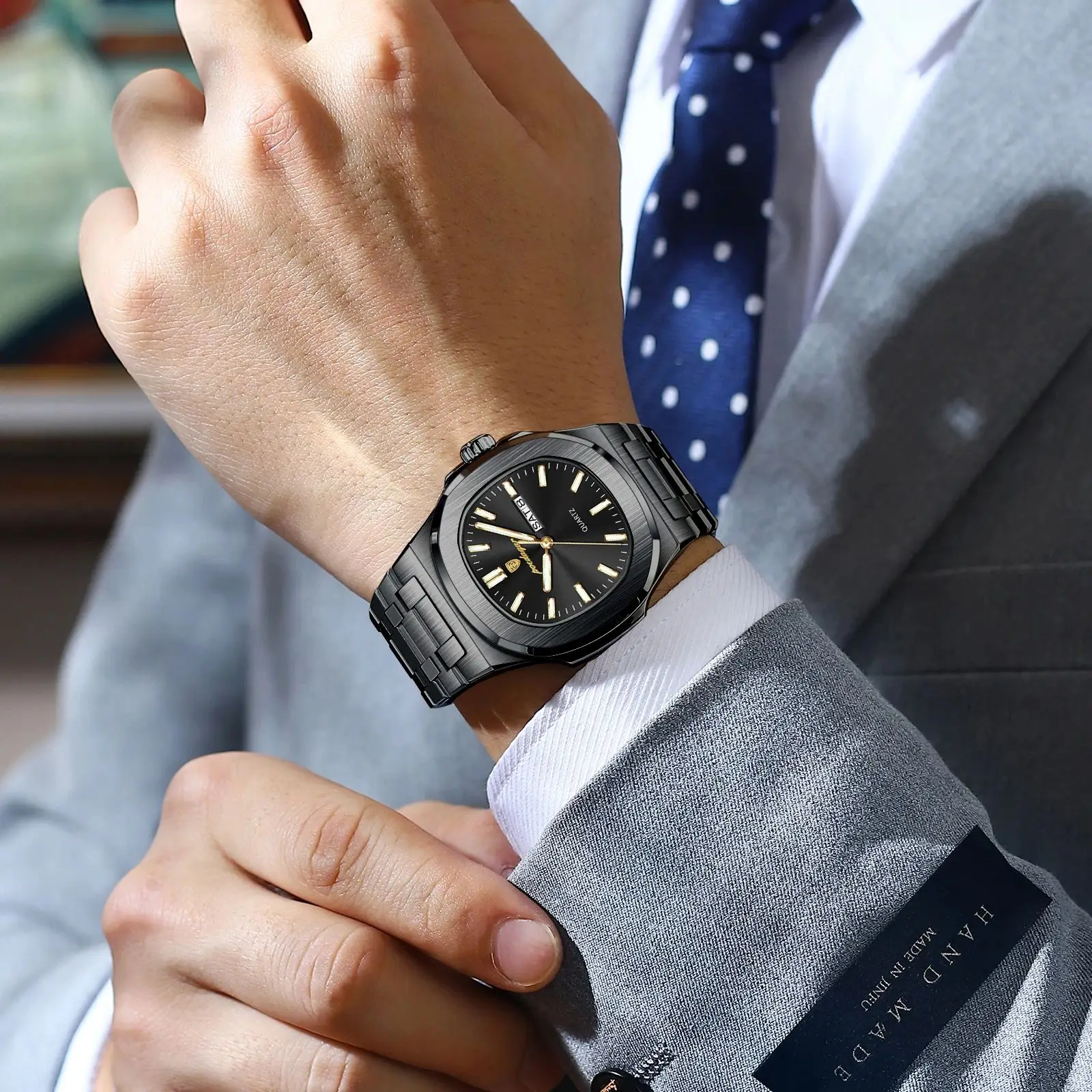 Reloj cuadrado de marca POEDAGAR para hombre, reloj masculino de acero inoxidable con fecha semanal, relojes luminosos impermeables de cuarzo de moda de lujo para hombre