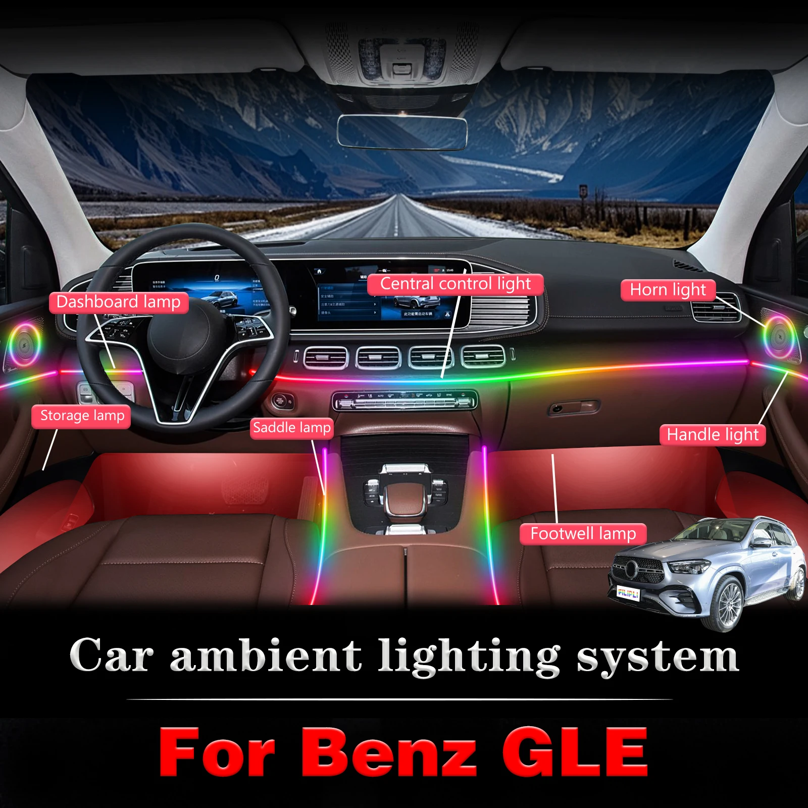 

For BenZ GLE Car Interior Ambient Lamp Kit RGB 64-Color LED Smart Remote Control Energy Saving Efficient Set