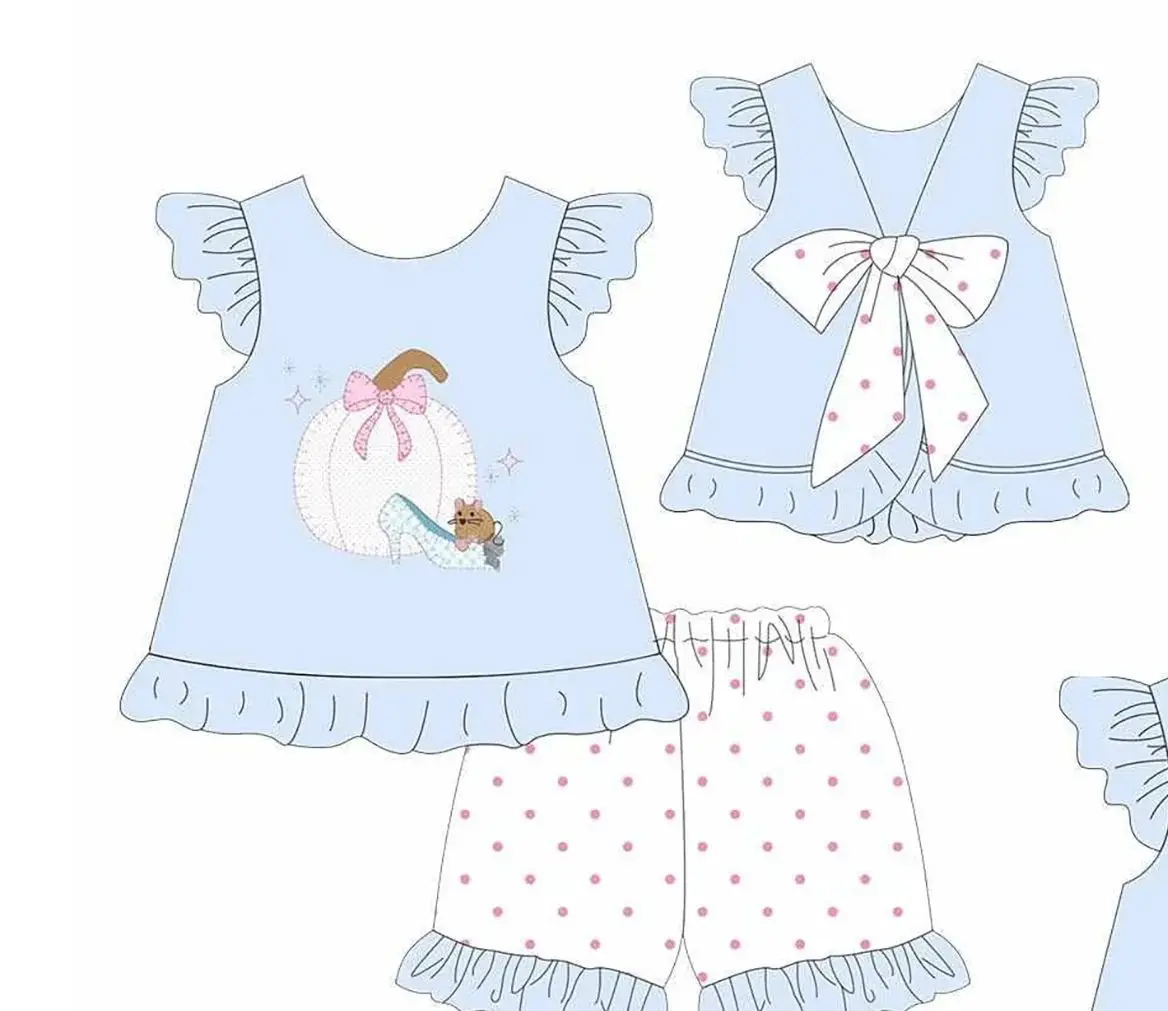 Girl Blue Princess Outfit Pumpkin Print Ruffle Sleeve Top Baby Romper Pink Polka Dot Shorts Sets Toddler Casual Clothes