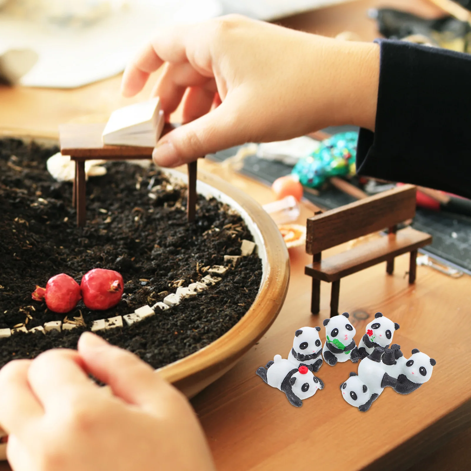 

6Pcs Micro Landscape Panda Miniature Resin Animals for Garden Decor Cake Topper Desk Party Favors Cute Desktop Decoration