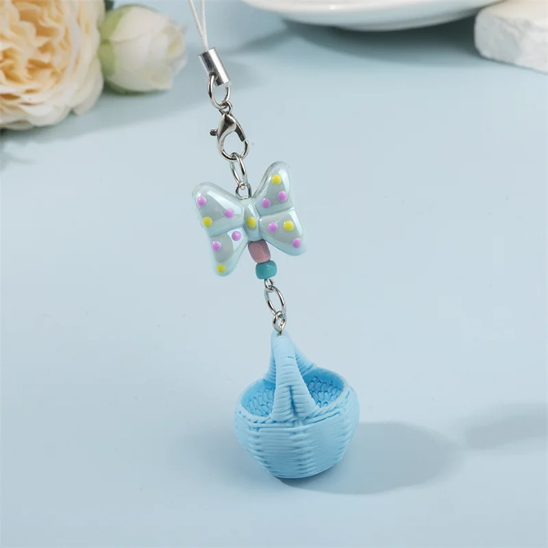 New 3pcs/set Cute Colorful Bow Phone Chain Bag Pendant Small Basket Mobile Phone Chain Beaded Pendant Keychain Jewelry Gifts view 2