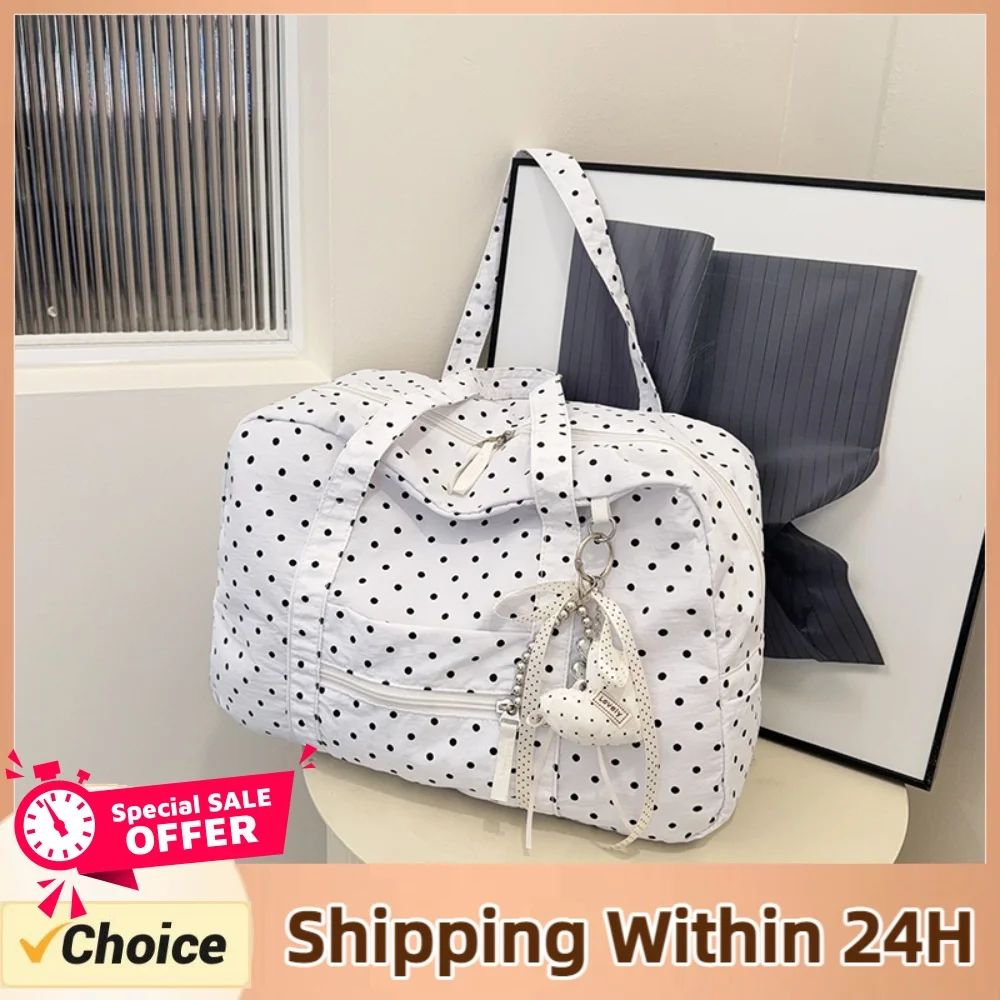 Women Portable Travel Shoulder Bag Casual Handheld Luggage Pouch Sweet Polka Dot Print Handbag Travel Date Shopping Handbags