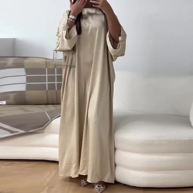 Autumn Casual Loose Diamond Robe Dress Muslim Women Elegant Round Neck Flared Sleeve Long Dress Women