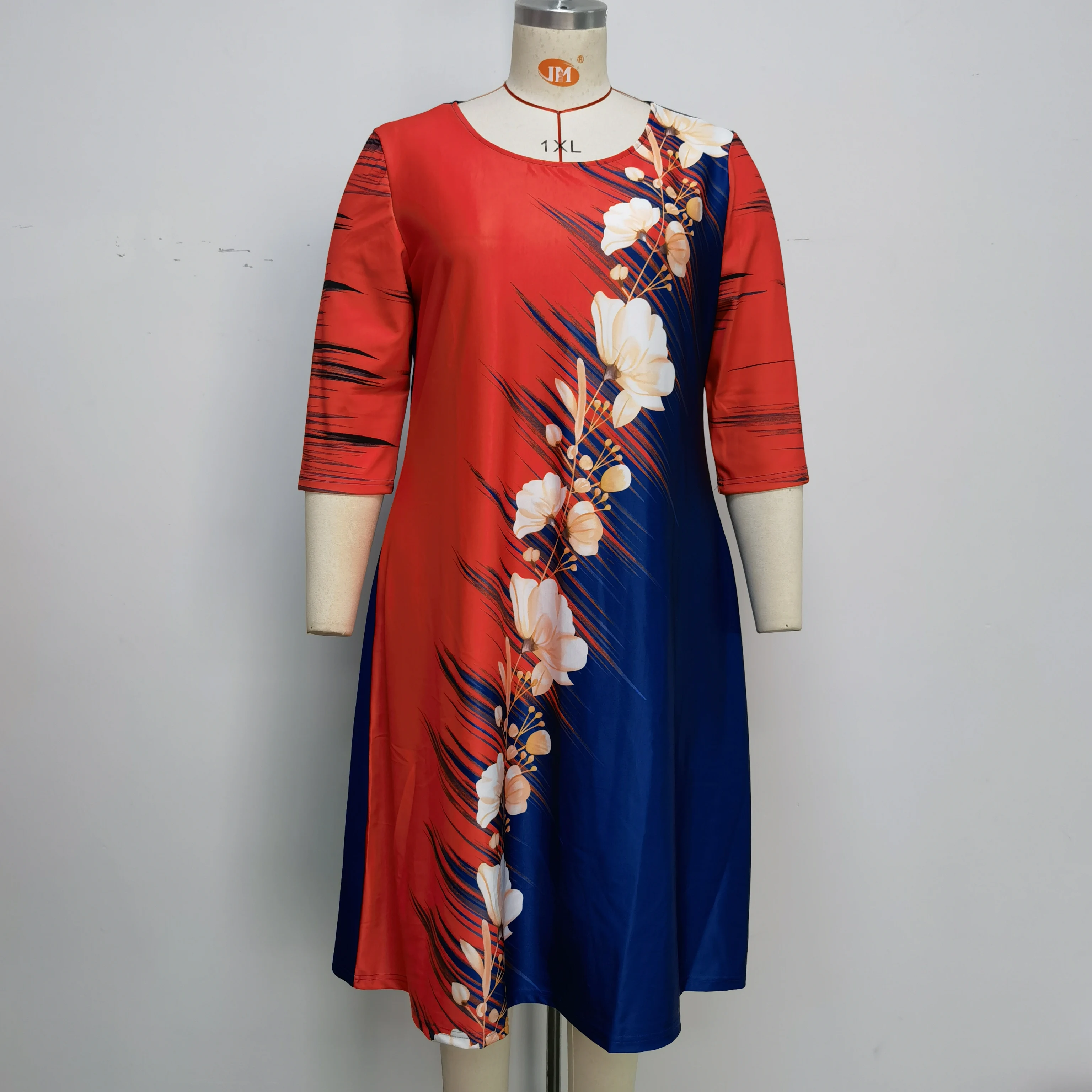 Plus Size New Fashional Three Quarter Sleeve Floral Print Turkey Style African Midi Dresses For Women