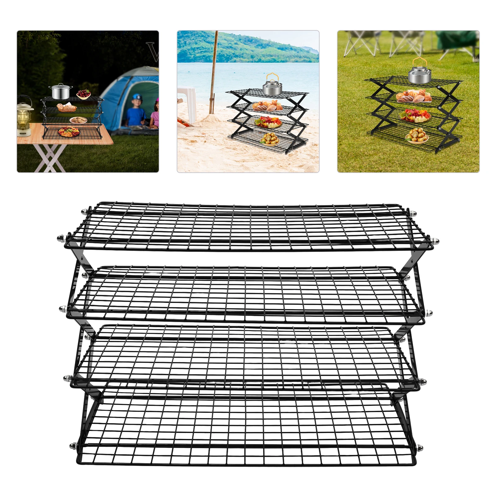

4Tier Collapsible Cooling Rack,Adjustable Stackable Roasting Cooking Drying Wire,Barbecue Storage Display Shelf for Picnic Party