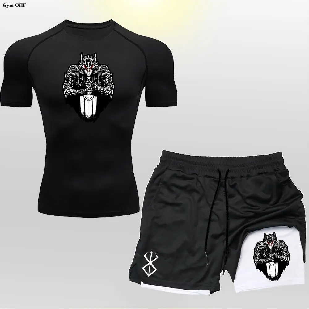 

Jogging 2 In 1 Shorts Compression Shirt Men Sportswear Gym Training Tight T-Shirt Fitness Workout Double-Deck T Set