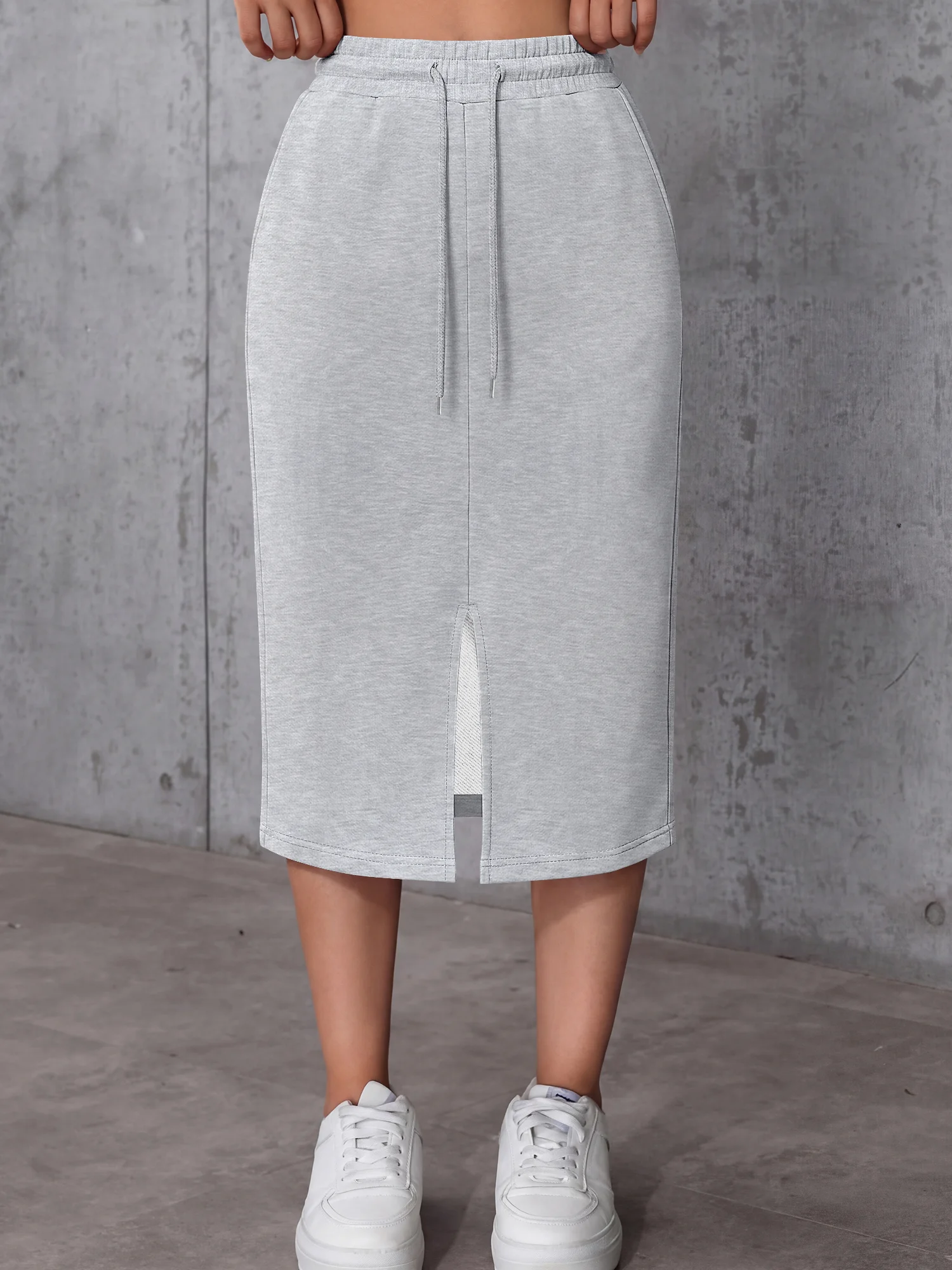 

Gray Casual Drawstring Midi Skirt Women Front Split Solid Color Soft Sweat Material All Season Wear