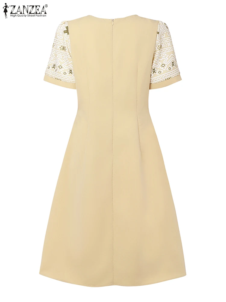 ZANZEA élégant taille ajustée a-ligne Robes femmes vacances ethnique géométrique imprimé Patchwork col rond manches courtes Midi Robes Femme