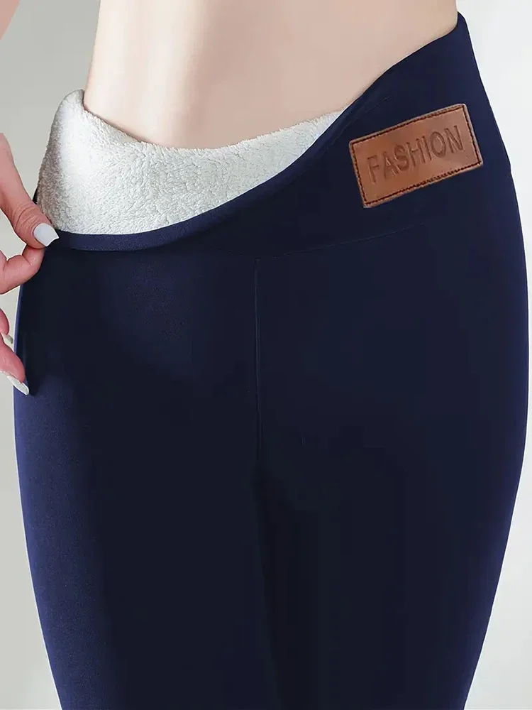 Mallas gruesas de cintura alta para mujer, medias elásticas con etiqueta de cuero cálida, pantalones de trabajo clásicos cómodos para mantener el calor, Color sólido, invierno