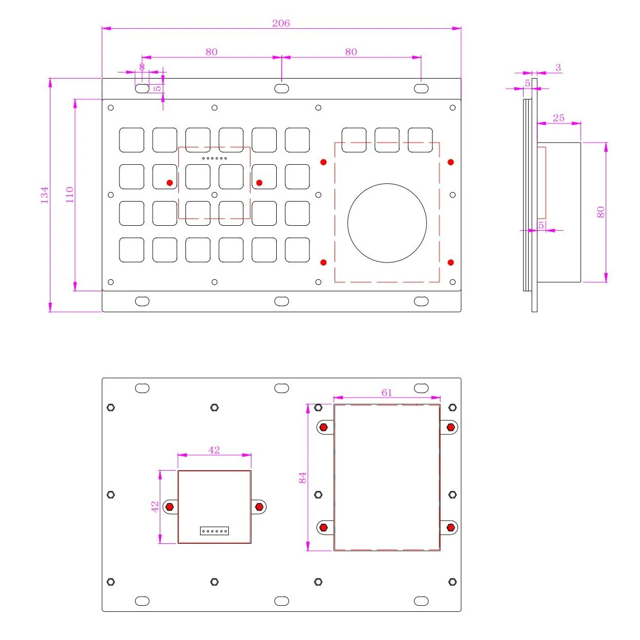 لوحة مفاتيح معدنية صناعية سلكية من الفولاذ المقاوم للصدأ USB مع كرة التتبع ولوحة التحكم