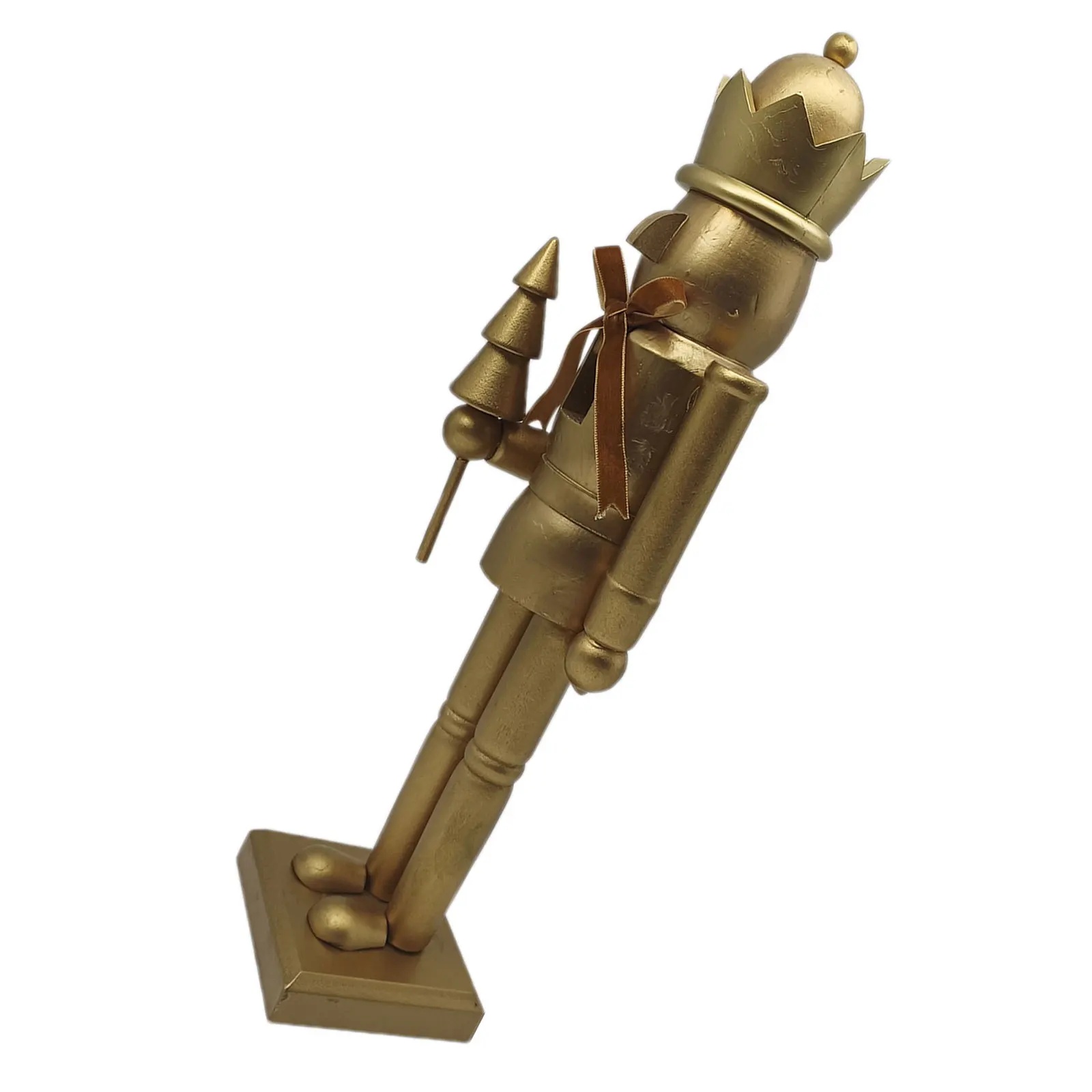 38Cm Christmas Nutcracker Soldier Golden Bow Wooden Holiday Mantel Decoration - Traditional Xmas Ornament Decor