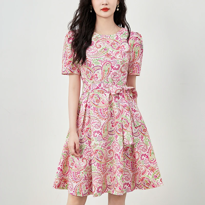 

Summer Dresses For Women Elegant Fashion O Neck Short Sleeve Vintage Print Vestidos Women's Clothing A Line Woman Chiffon Dress