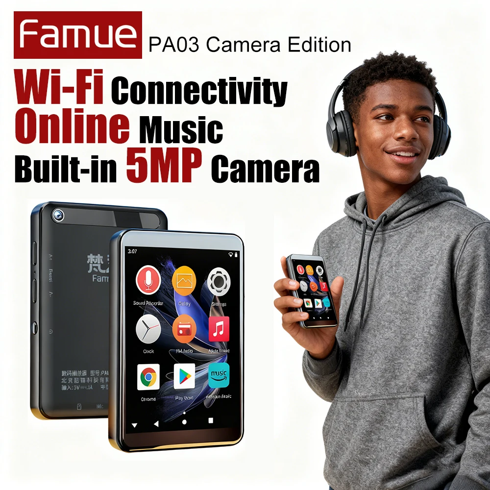

Famue PA03 5MP Camera MP3 MP4 Player Android OS Wi-Fi Connectivity Online Music Playback Bluetooth Play Store APP Download