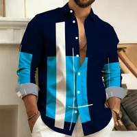 New Men's Color-Block Patchwork Long-Sleeved Shirt, Geometric Striped Casual Business Shirt, Slim-Fit Men's Top, Sizes S-6XL.