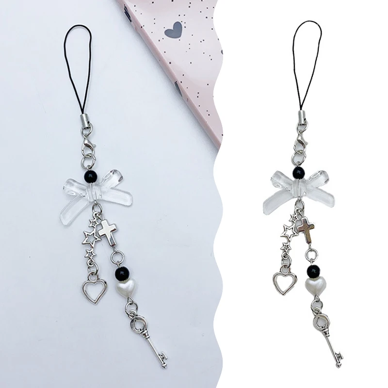 

Y2K Phone Charm Key Bow Heart Keychain Pendant Kawaii Key Chain Bag Beaded Phone Chain Cute Accessory For Girls Women Jewelry