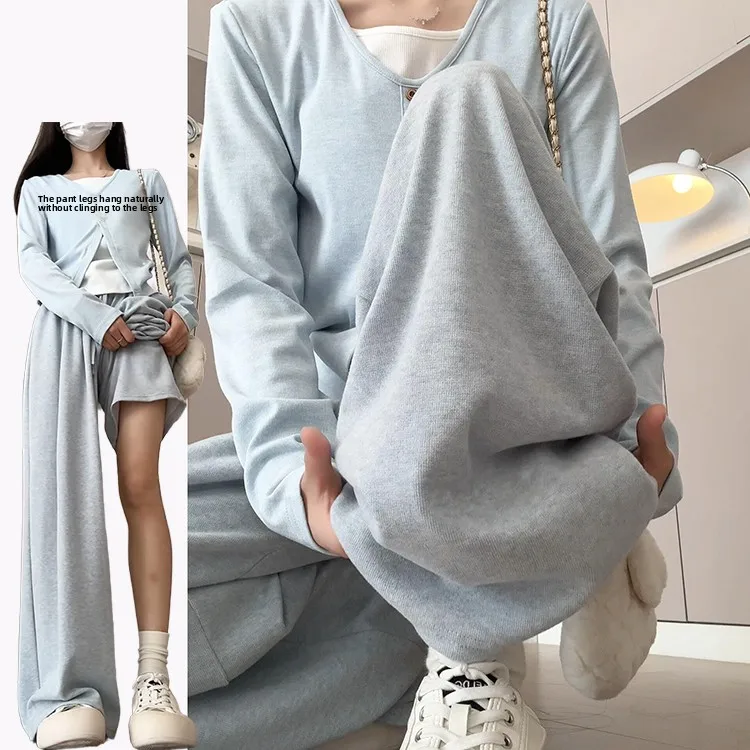 Korean Sle Soft Knitted Rice Noodle Pants Women's High Waist Casual Slim Straight Leg Trousers Autumn Winter New Arrival