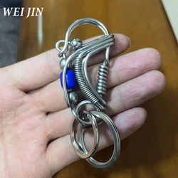 Stainless steel Keychain, Handmade Matte Round Blue Bead Engraved Mechanical Car Key Ring, American Men's Outdoor Trinket Style