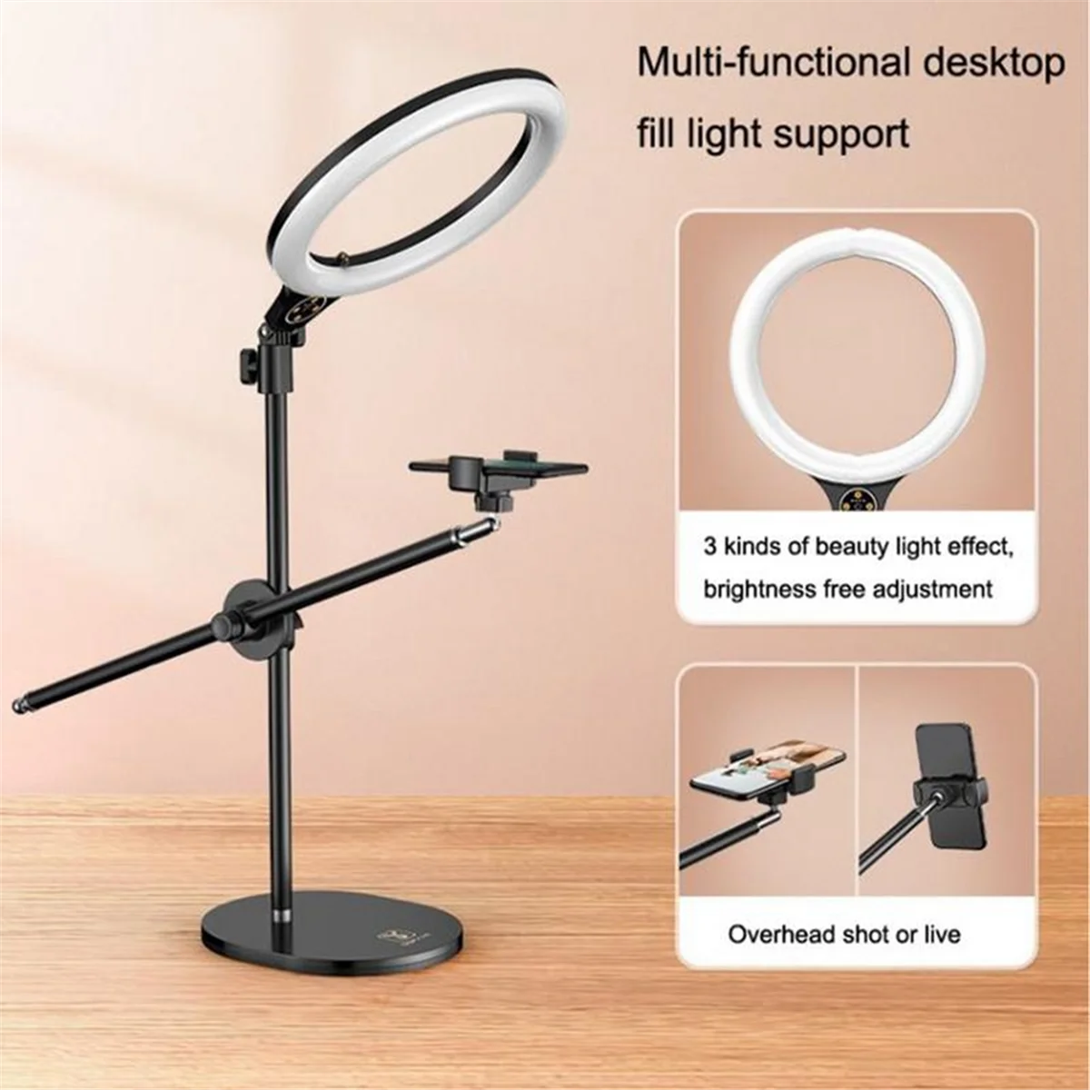 Overhead Tripod for Mobile Phone Smartphone Desktop Video Stand with Ring Light for Table Photography