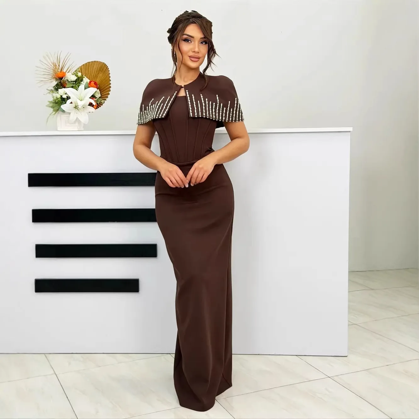 2026 Customized Fashion Short Shawl Prom Gowns O-neck Beadings Jersey Straight Floor Length Evening Dress Black Long Gowns