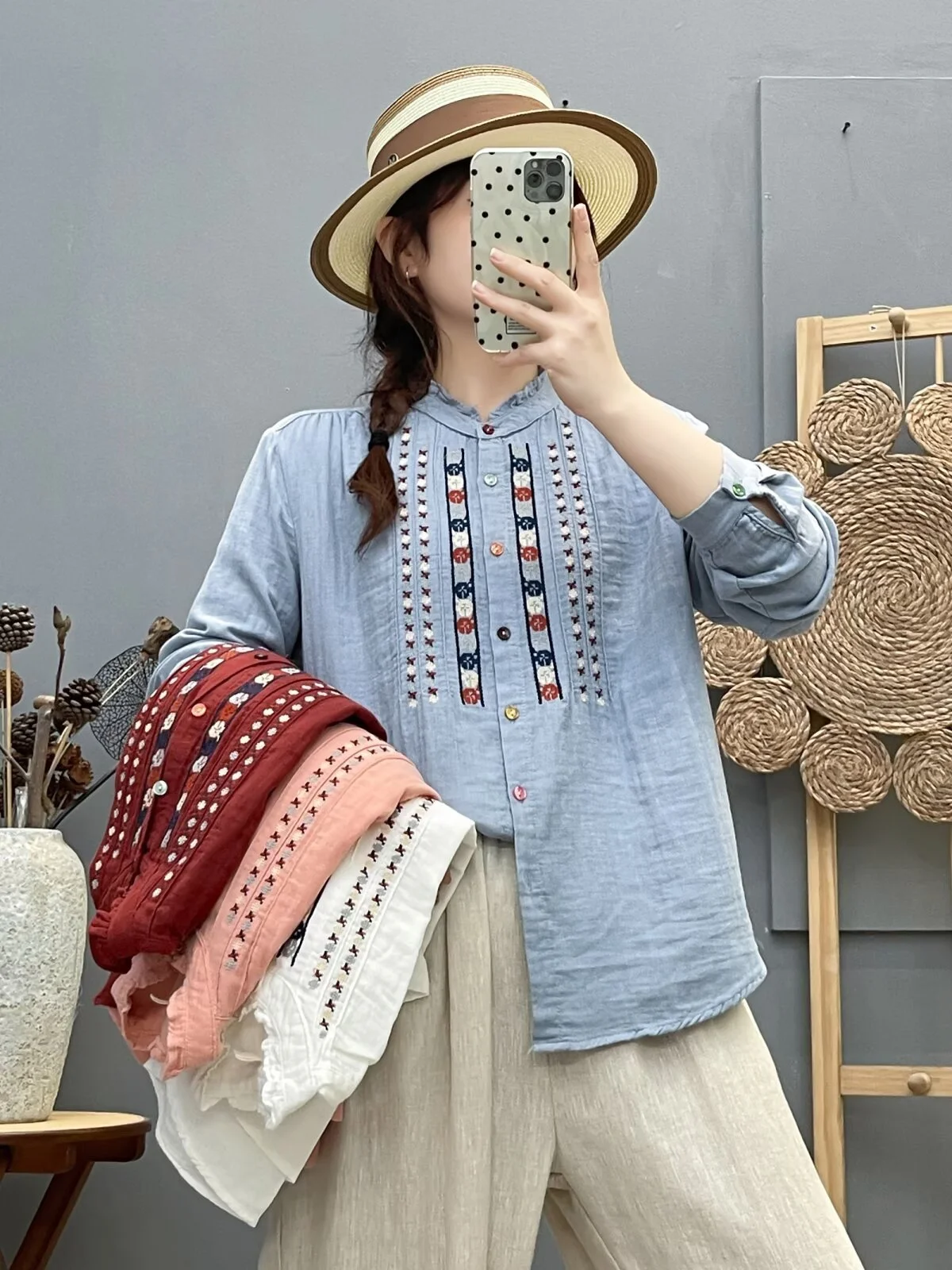 

2026 Youth women's blouses pure cotton white blue red pink embroidered shirts long sleeve blouses for women vintage clothing