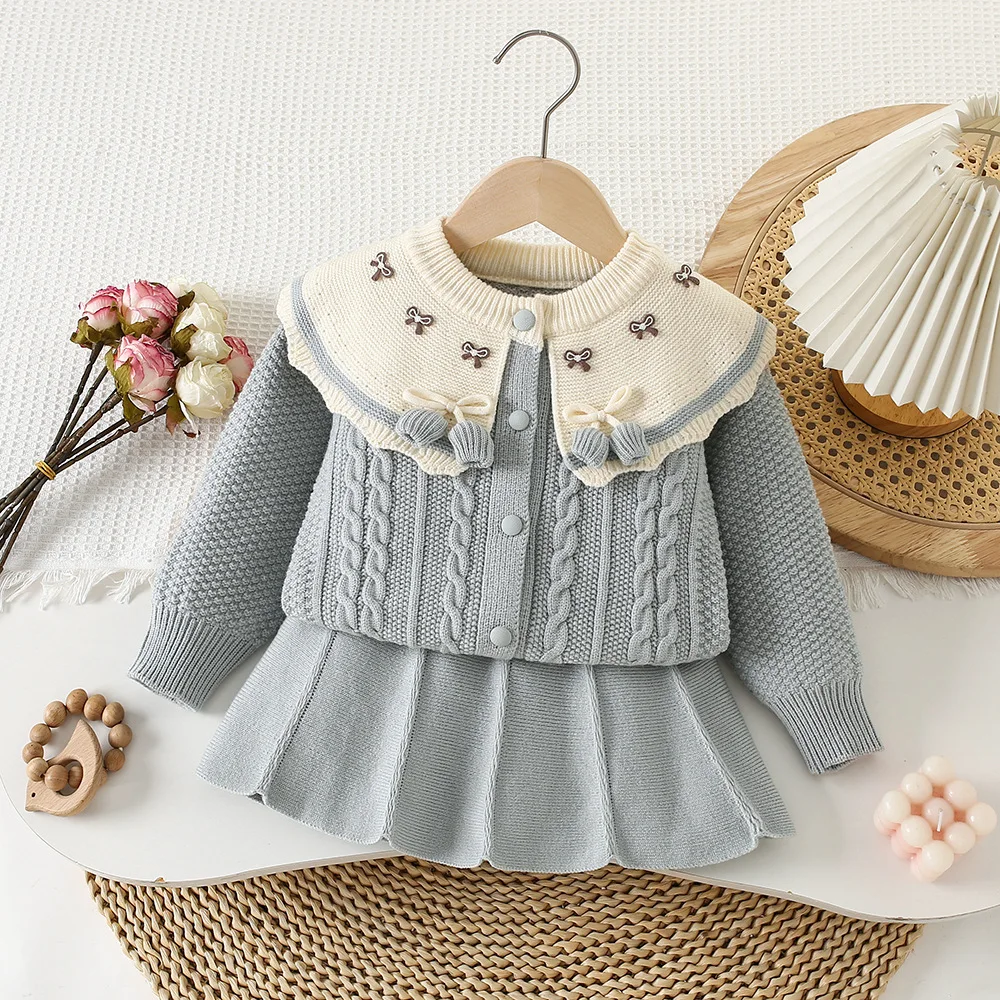 Kawaii الطفل سترة تنورة فتاة الخريف الشتاء جديد محبوك تنورة الأميرة ملابس الأطفال موضة الدفء طويلة الأكمام