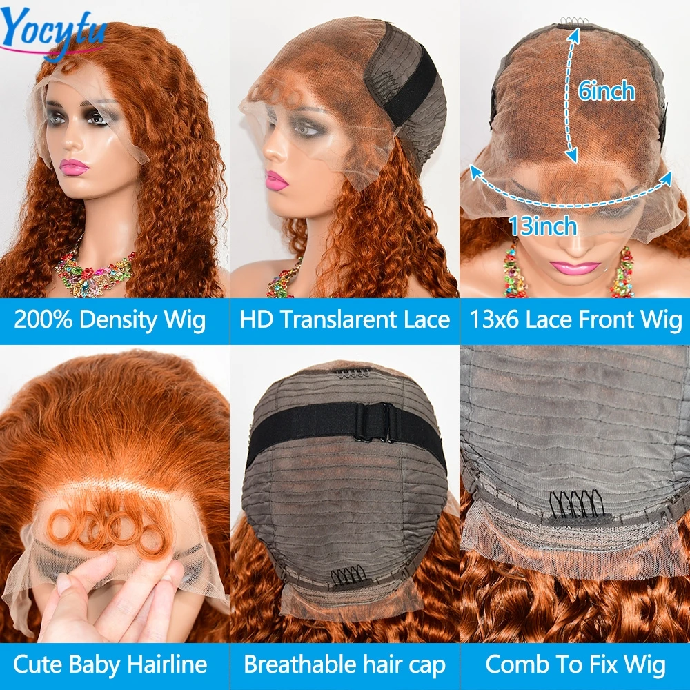 Ingwer-Perücke mit Spitzenfront, Echthaar, 200 % Dichte 350 # HD Lace Frontal Perücke 13x6 Wasser Lockiges Echthaar Perücke Transparente HD Lace Perücke – Detail 4