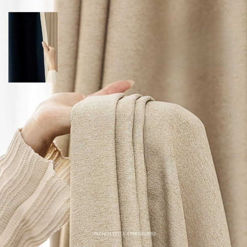 Cream Curtains Full Blackout Dark Grain Texture Cotton and Linen Curtains for Living Dining Room Bedroom Custom Size Decoration