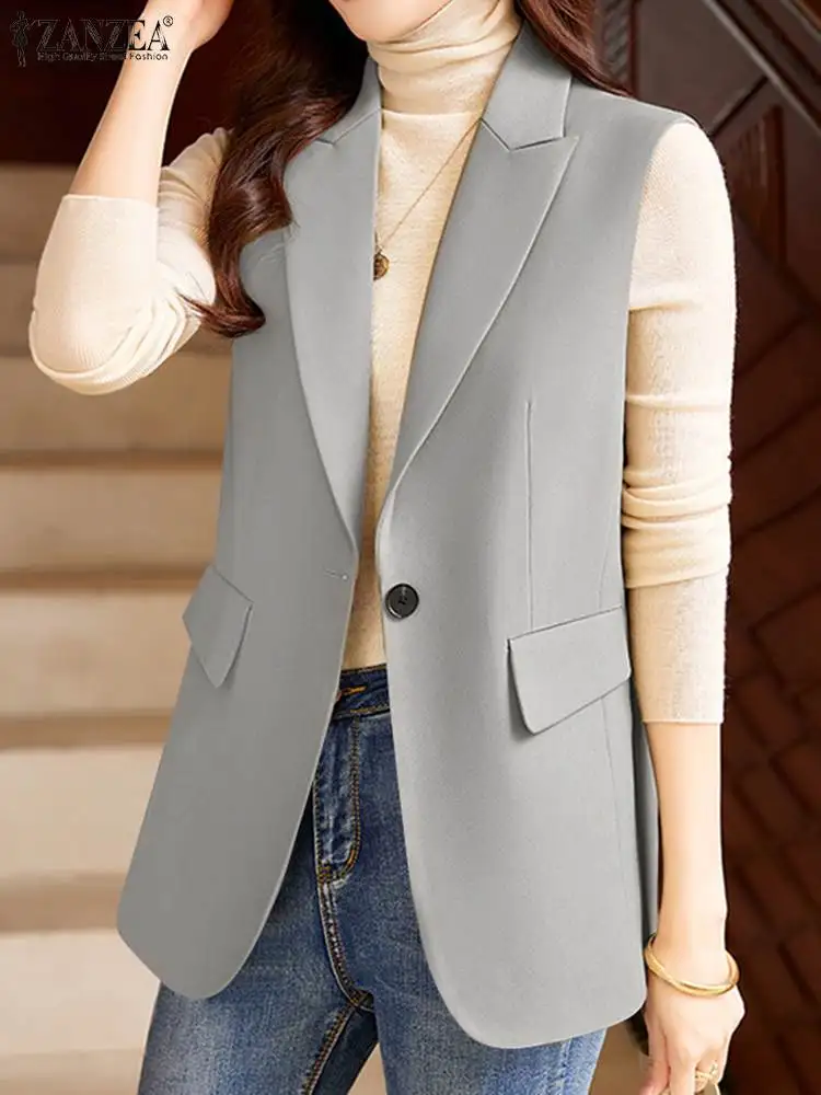 ZANZEA Summer 2024 Women Blazer Fashion Thin Blazer Sleeveless Buttons Side Casual OL Work Office Thin Jackets Tops Streetwear