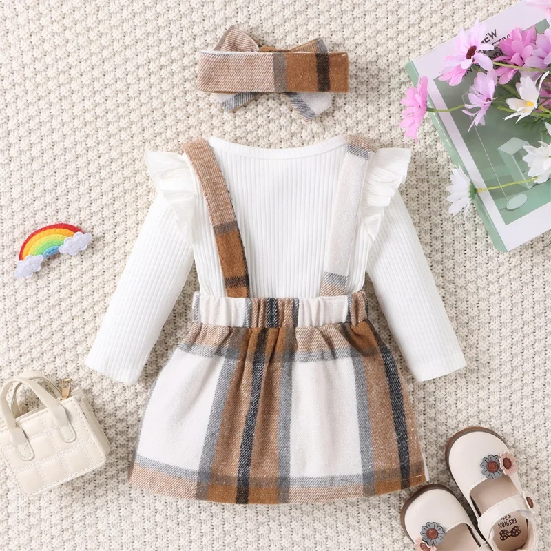 BeQeuewll Baby Girls Fall Outfits Long Sleeve Romper And Plaid Suspender Skirt And Headband Set Newborn Clothes 3 Piece Set