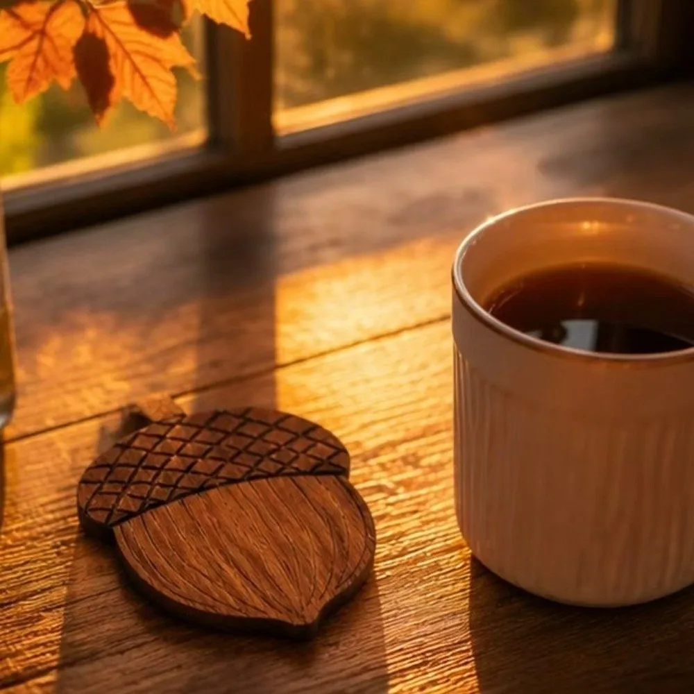 5PCS 2D Flat Acorn-Shaped Coasters Non-Slip Heat-Resistant Water Cup Mat Anti Scald Natural Insulation Pad Housewarming Gift