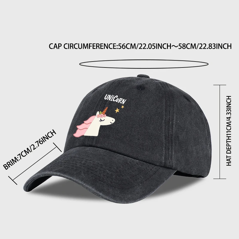 A cute unicorn-themed baseball cap with a cartoon print—a comfortable, breathable sun hat that’s stylish, sweet, and eye-catchin