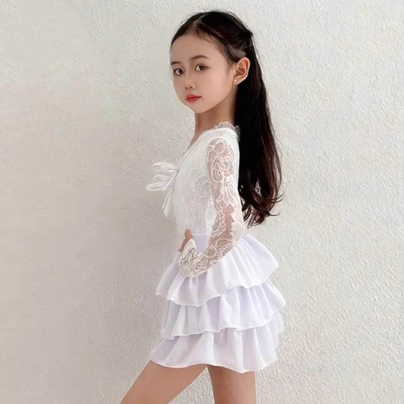 Adult Women Lace Print Latin Dance Bodysuit and Cake Skirts Professional National Standard Social Rumba Dancewear Costumes