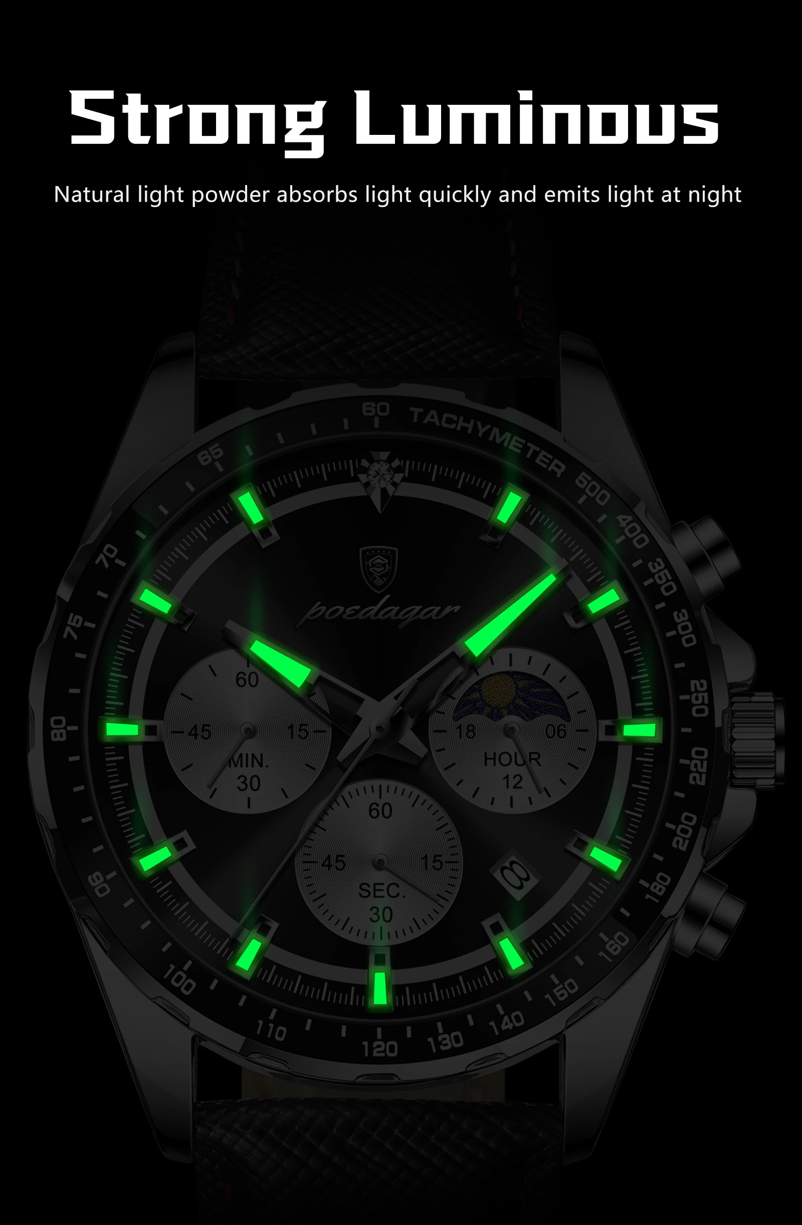 POEDAGAR Top Original Herrenuhren Leuchtend Wasserdicht Modische Männeruhr Leder Chronograph Datum Quarz Sport Herren Armbanduhr – Detail 13
