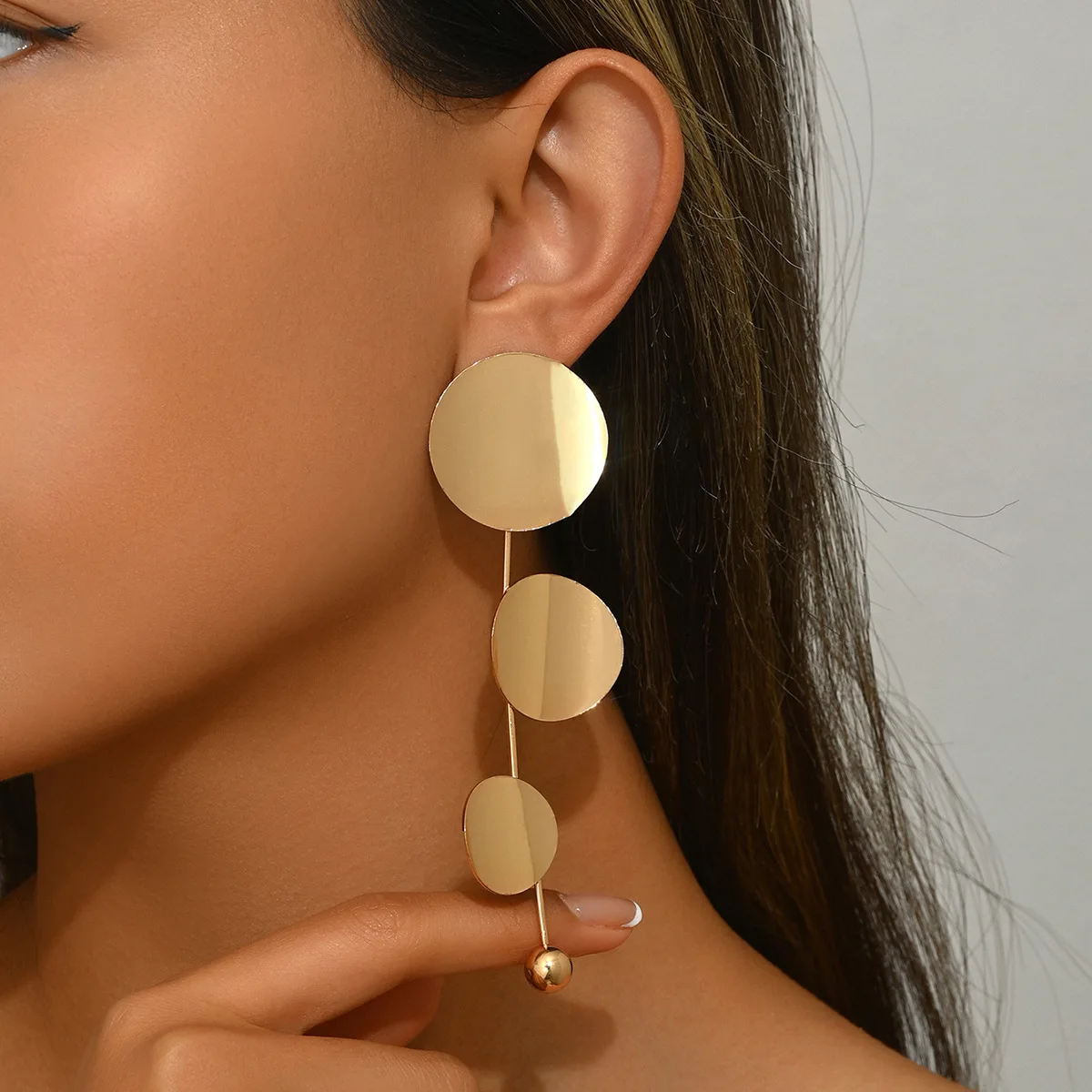 New Design Round Smooth Wafer Long Drop Earrings for Women Fashion Alloy Geometric Gold Color Jewelry Party Birthday Gift