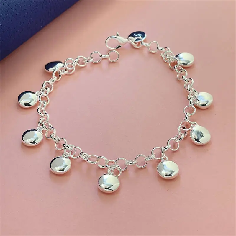 925 Sterling Silver Solid Beads Chain Pendant Bracelet For Women Charm Wedding Engagement Jewelry