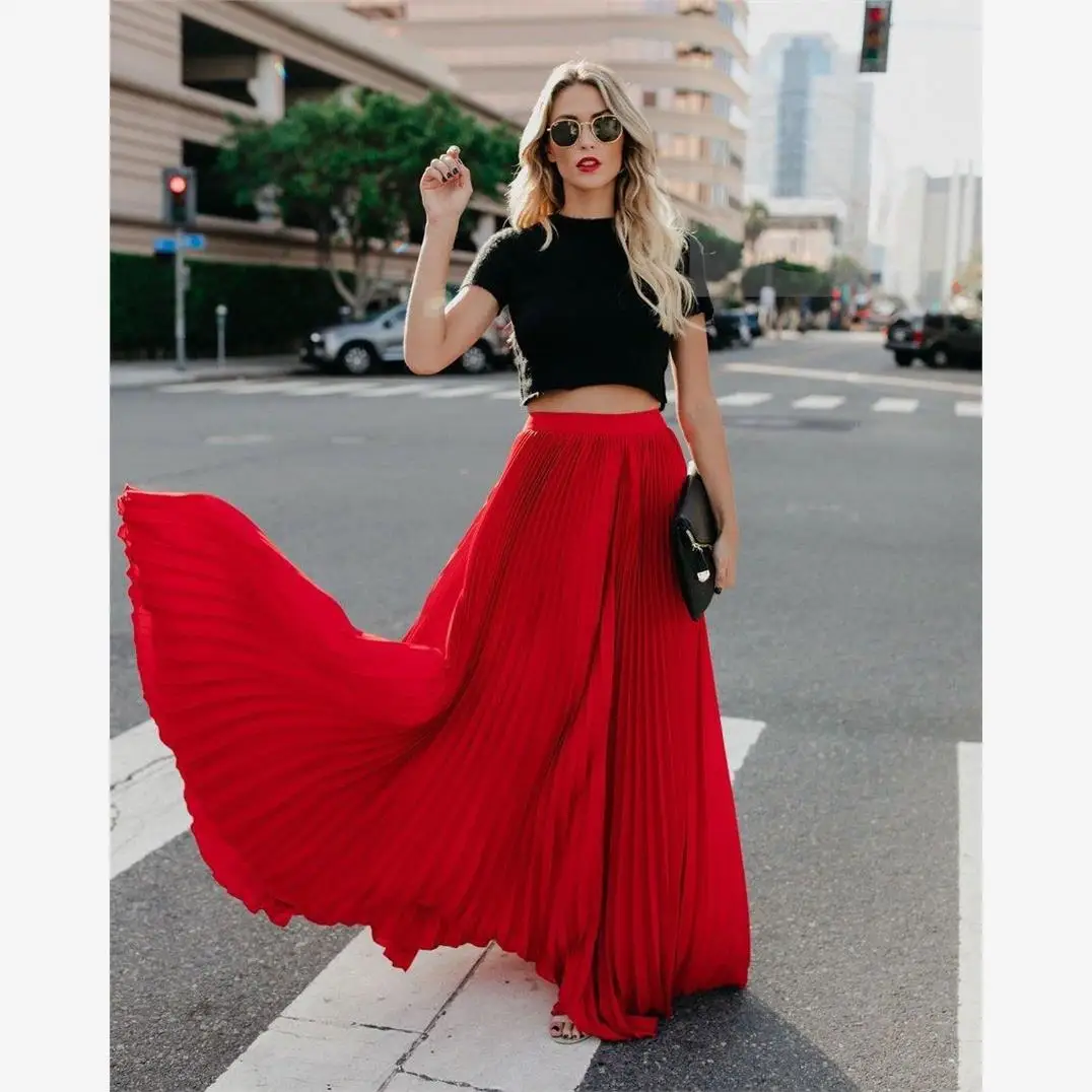 

Street Sle Faionable Midi Skirt Beachy Pleated Ele Swing Skirt Polyester Fabric A-Line Silhouette Color Print
