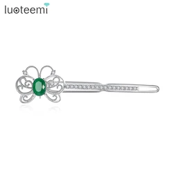 LUOTEEMI Vintage Butterfly Green Chrysoprase Jade Hairpins Women Exquisite Green Stone Hair Clips Luxury Girl Hair Jewelry Gifts