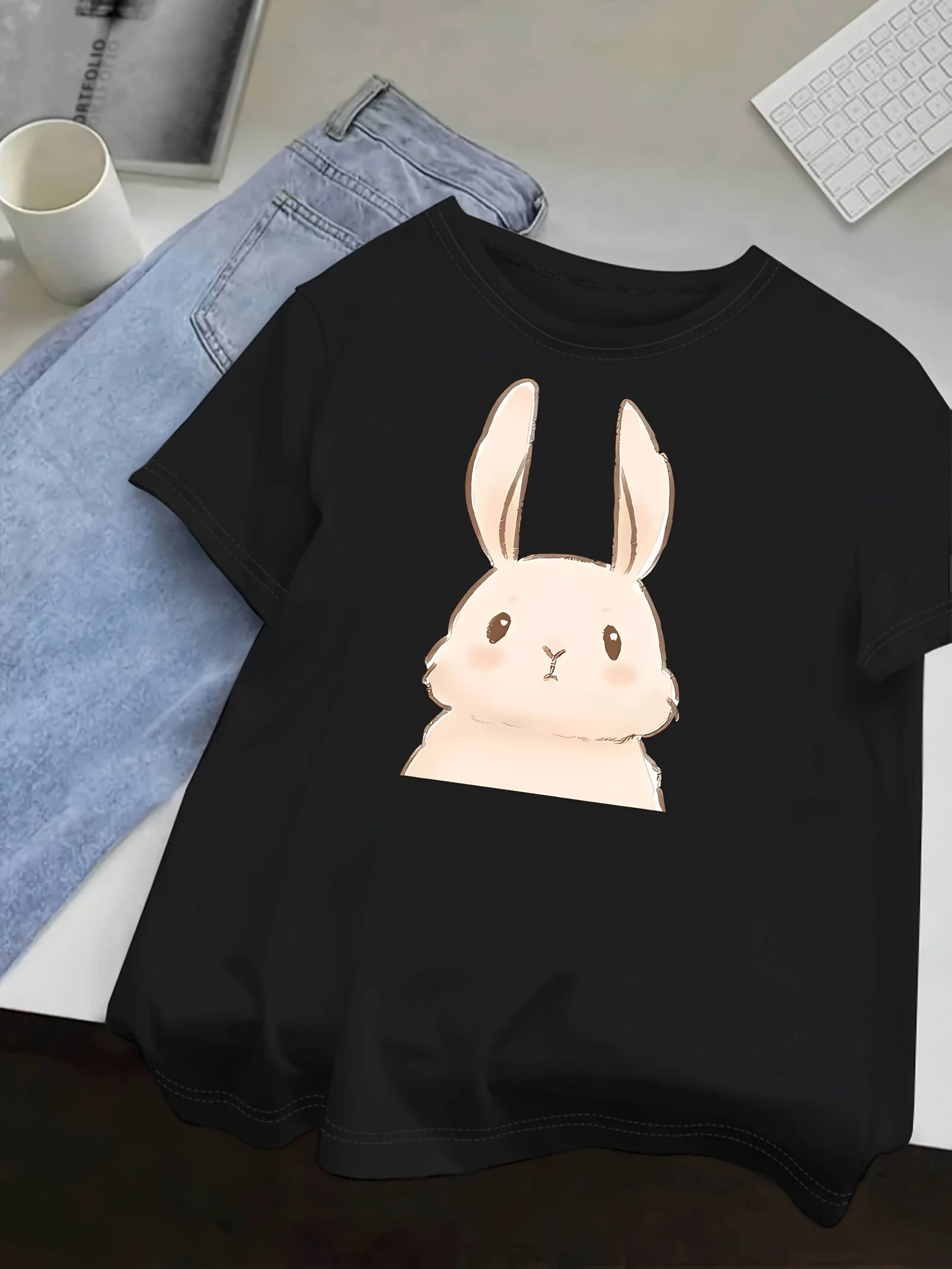 Women's Casual Short Sleeve T-Shirt with Cute Standing-Up Ears Bunny Print Summer Short sleeved Harajuku streetwear Tops Tees