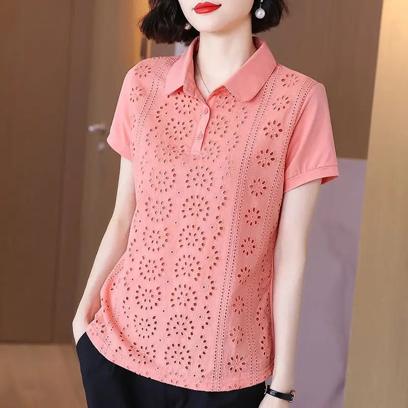 Casual Solid Color Loose Blouse Women\'s Clothing Commute Hollow Out Summer Short Sleeve Fashion Polo-Neck Korean Button Shirt