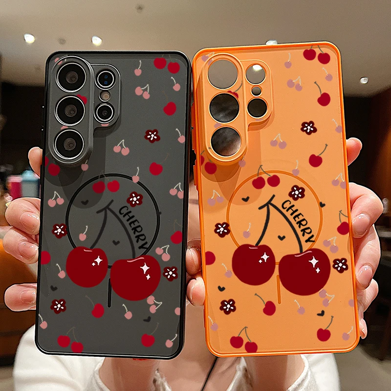 Cute Cherry Pattern Magnetic Phone Case For Samsung Galaxy S26 S25 S22 Ultra Edge S24 S23 FE A17 A56 A37 A16 A55 A36 A55 Cover