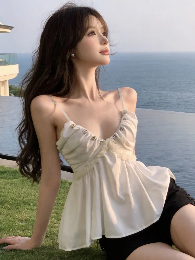 

Sexy Summer New Design Diamond Embellished Ruffle Waist Strap Vest Women's Sleeveless Backless Top Citywalk Fashion Trend