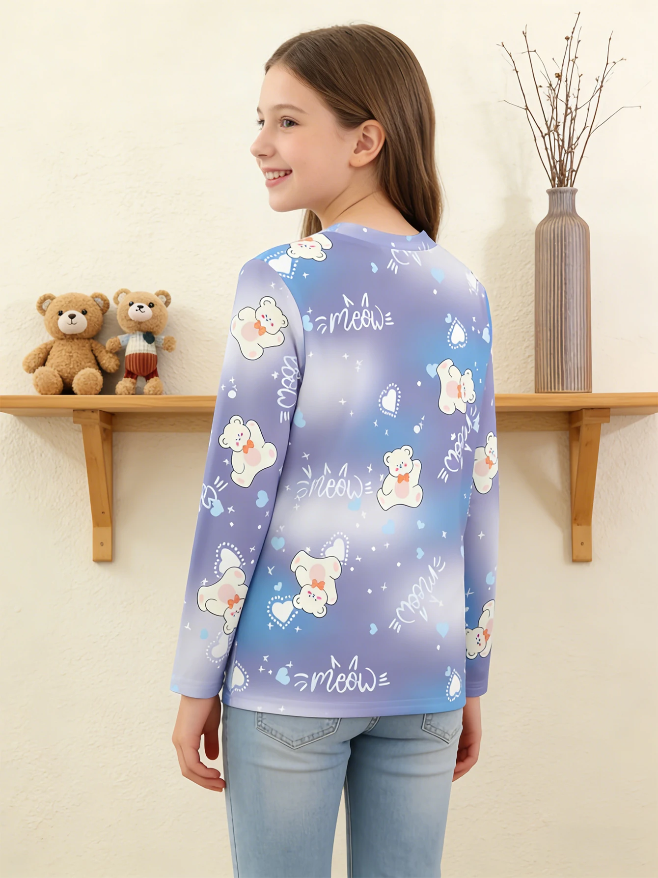 2026 girls purple and blue gradual change bear full print long-sleeved T-shirt, cute crew neck top