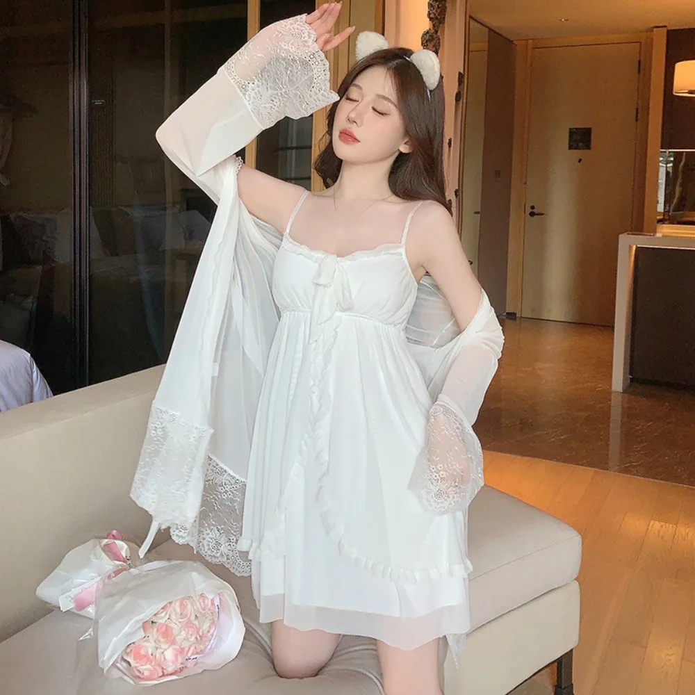 

Lace Bowknot Women Pajama Dress Nightgown Ruffle Homewear Suspender Nightdress Set Sleeveless Sleepwear Sleeping Dress Robe Set