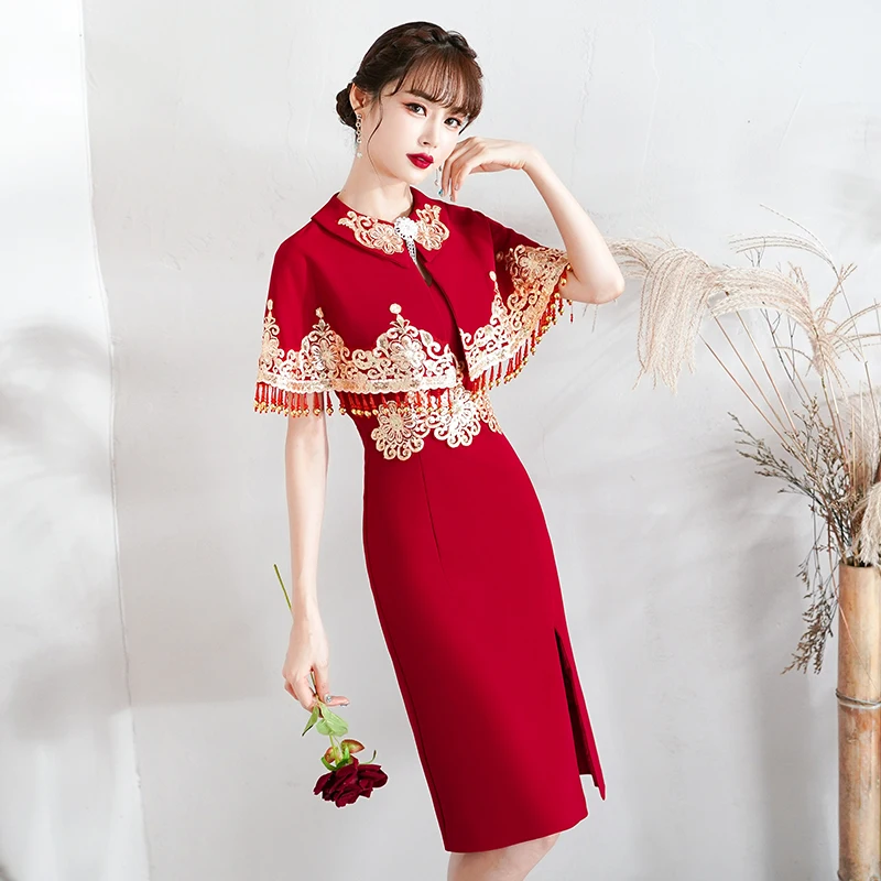 

Red Wedding Dr ort Ele Chinese Sle Wine Red Color Bridal Gown for Women Return Door Ceremony Wedding Celebration