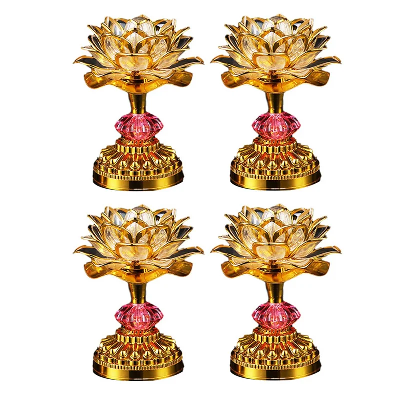 

LICE-4Pcs LED Lotus Buddhist Lights Buddha Lotus Lamps Plug In Or Battery-Operated Buddhist Lamp US Plug Gold 58 Songs