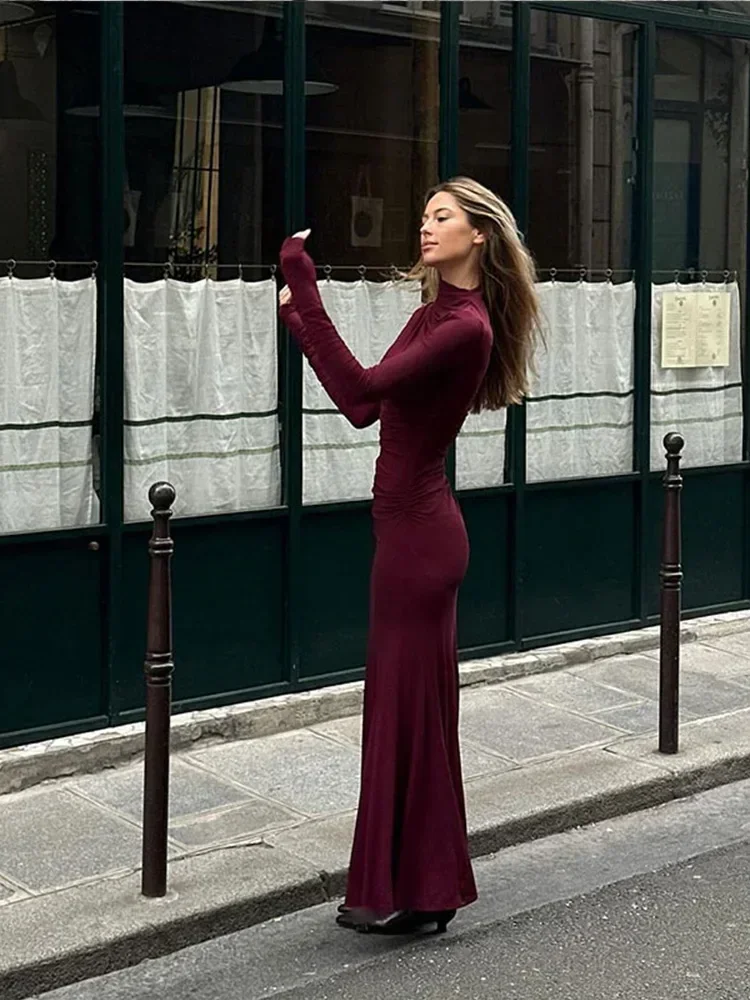 Burgundy Bodycon Pleated Long Dress Elegant Full Sleeve High Neck Maxi Dresses Fashion Slim Robes 2024 New Lady Evening Gown