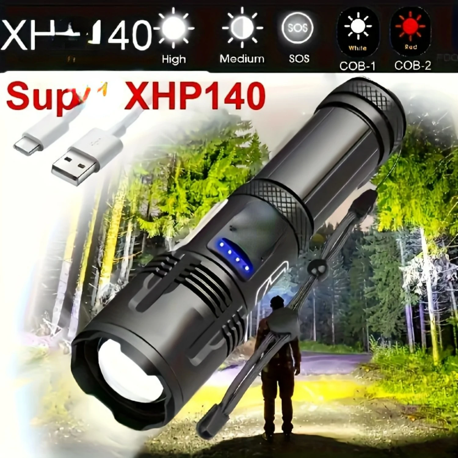 Ideal Choice for Outdoor Activities - Rechargeable High Brightness Portable 7-mode LED Flashlight with Variable Beam COB Work Li