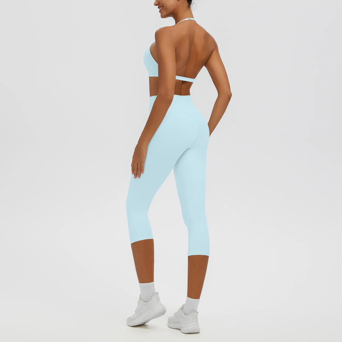 Women 2 PCS Yoga Set Halter Backless Sports Bra High Waist Capri Leggings Workout Outfit Gym Fitness Running Sportswear Suits