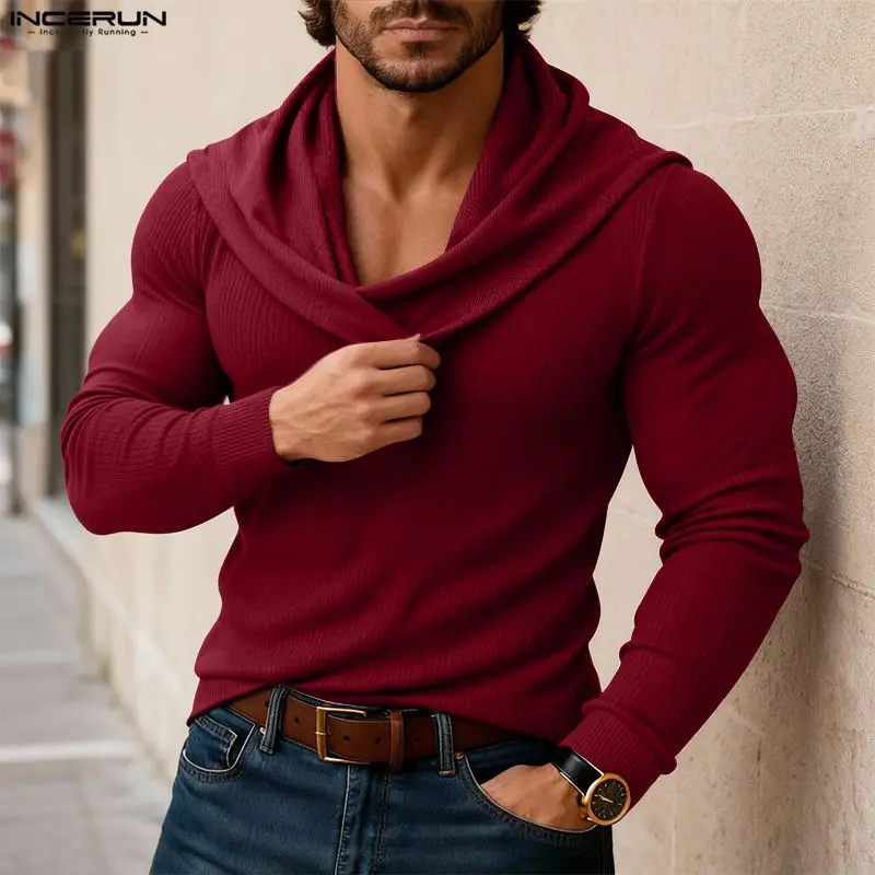 

INCERUN Мужская футболка, однотонная вязаная футболка с длинным рукавом, 2026, мужская одежда, уличная одежда, весенняя мода, повседневные мужские футболки Camisetas